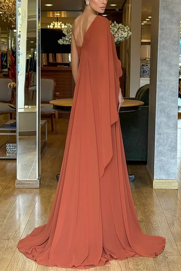 Iriena Chiffon One Shoulder Rose Decoration Waist Formal Maxi Dress
