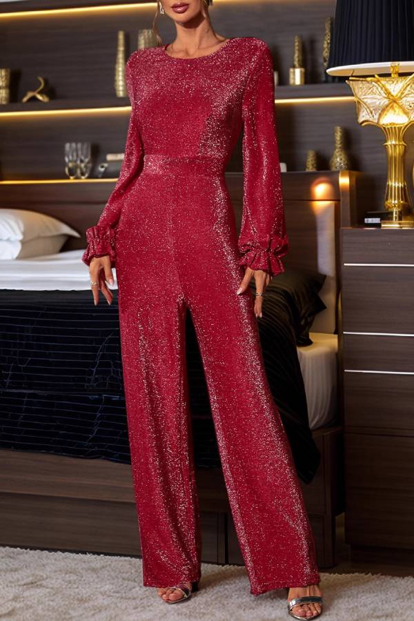 Shiny backless lantern sleeve wide-leg jumpsuit