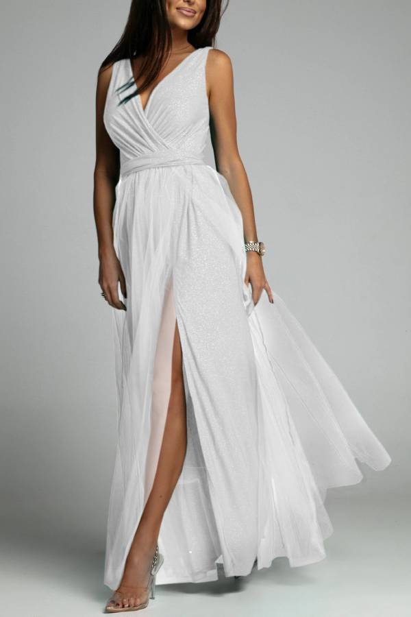 V-neck shiny high-slit long dress