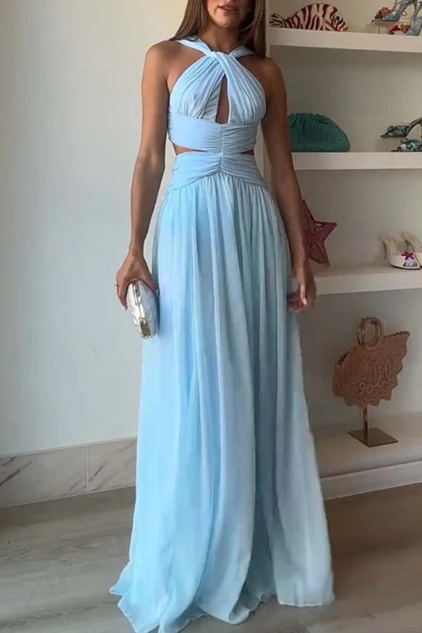 Graceful Modern Chiffon Twist Halter Neck Cutout Pleated Maxi Dress