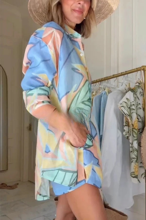 Bella Linen Blend Colorful Unique Print Long Sleeve Blouse and Elastic Waist Pocket Loose Shorts Set