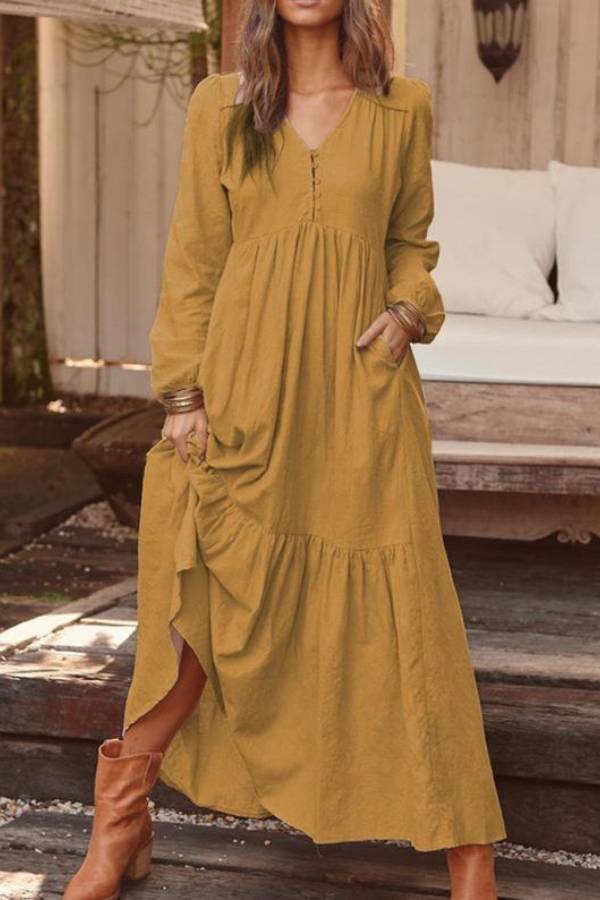 V-neck long-sleeved loose-fitting long skirt