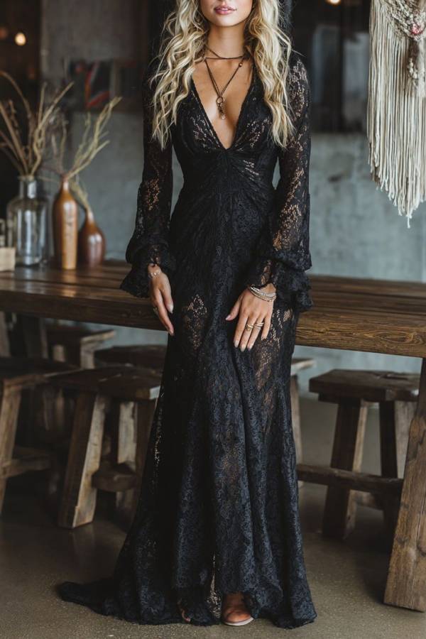 Lace deep V-neck bell sleeve fitted long dress