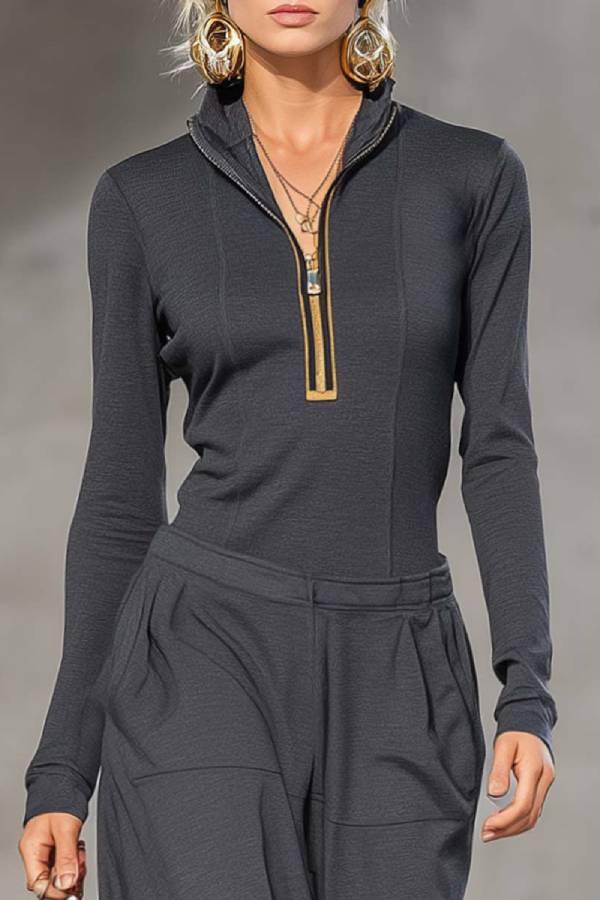 Dark Gray Half-high Collar Zipper Top + Wide Pants Set