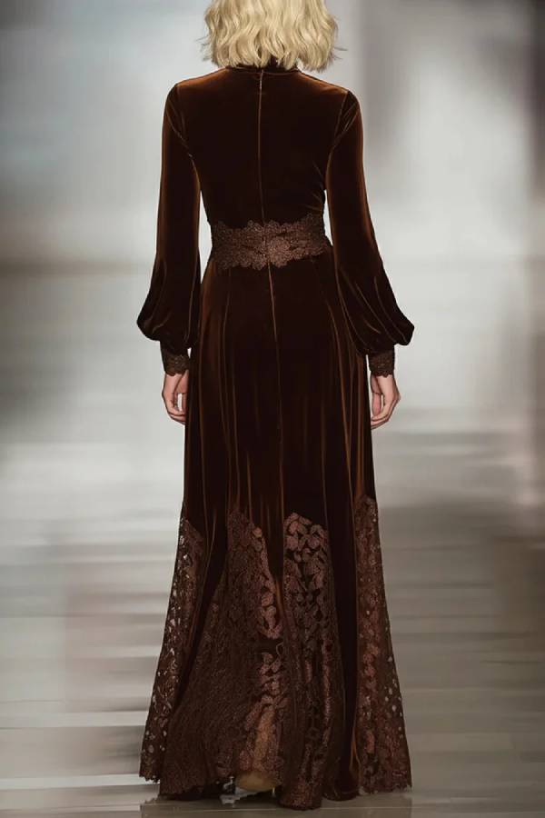 Lace Patchwork Turtleneck Balloon Sleeve Velvet Maxi Dresses