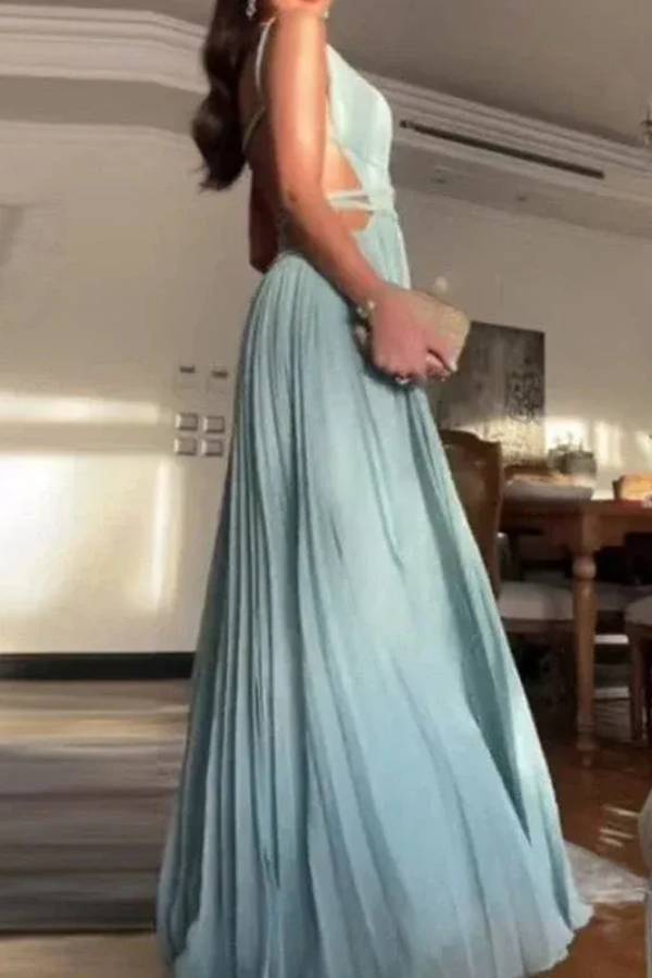 Sexy Sleeveless Open Back Cord Pleated Maxi Dress