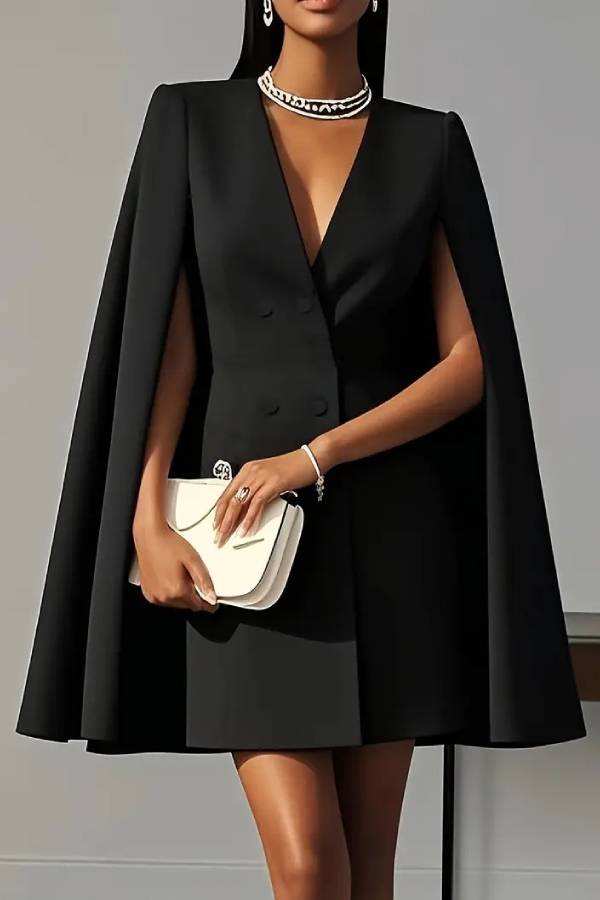 V-neck cape-style double-breasted suit dress