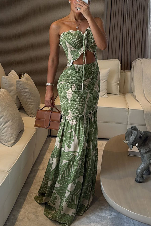 Vivica Floral Smocked Cutout Halter Fishtail Stretch Maxi Dress