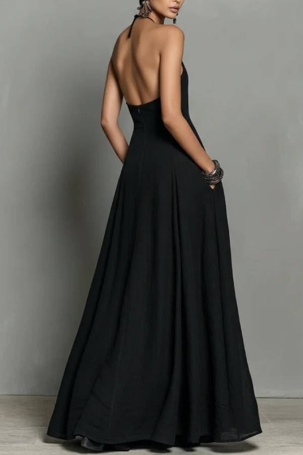 Multi-Color Halter Open-Back Textured Maxi Dress