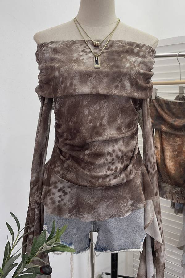 Art print off-the-shoulder pleated mesh top