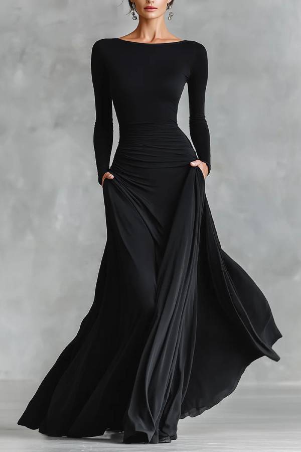 Black modern crepe pleated boat neck long dress