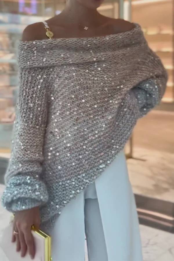 Sequined off-shoulder loose knit sweater