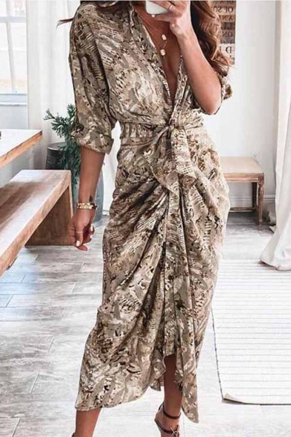 V-neck high waist dress with ties