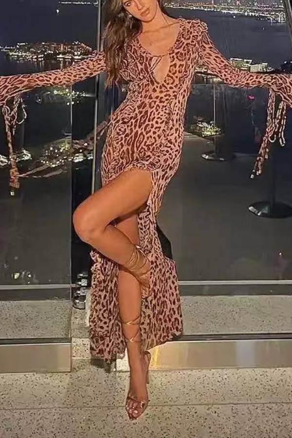 Wild leopard print ruffled hollow high slit long skirt