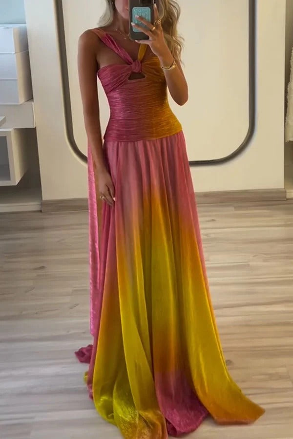 Vireya Metallic Fabric Gradient Print Ruched Cutout Halter Maxi Dress