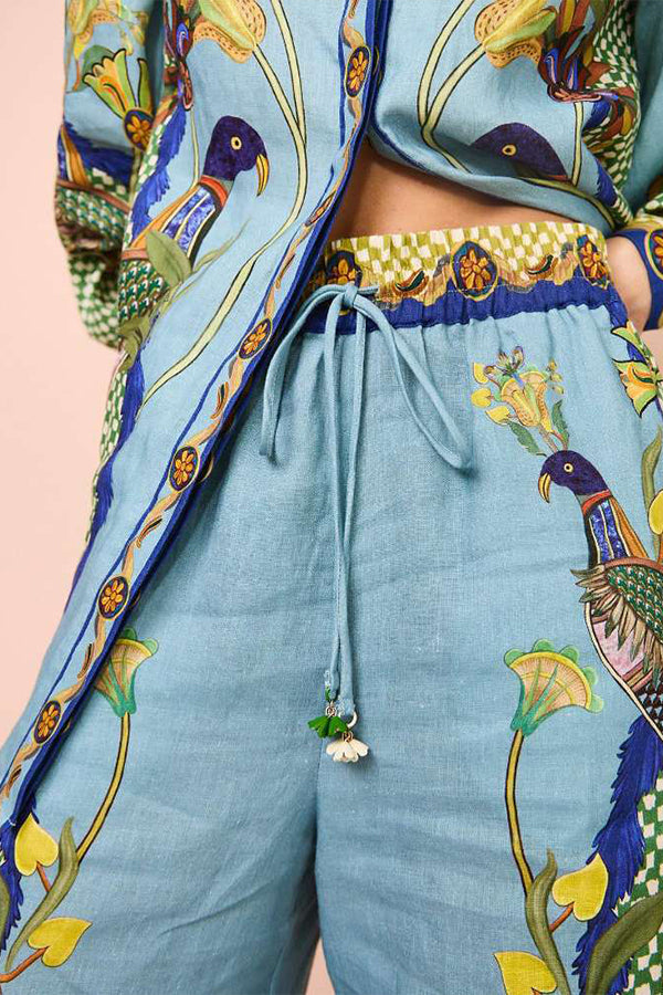 Smyrna Unique Heaven Bird Print Elastic Waist Pocketed Wide Leg Pants