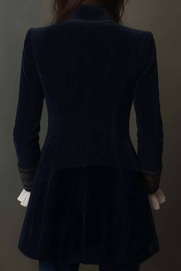 Vintage Navy Polyester Velvet Embroidered Long Jacket