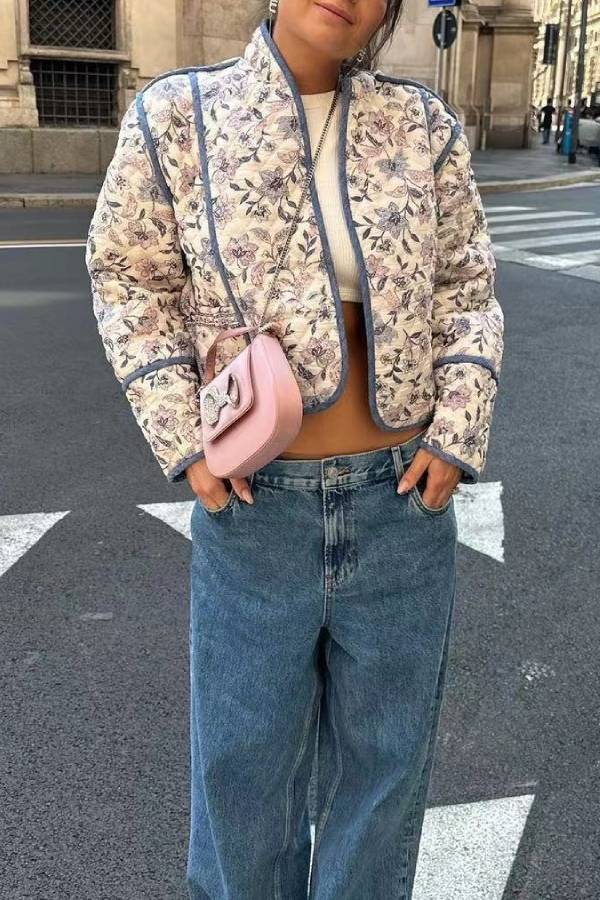 Retro print quilted short jacket