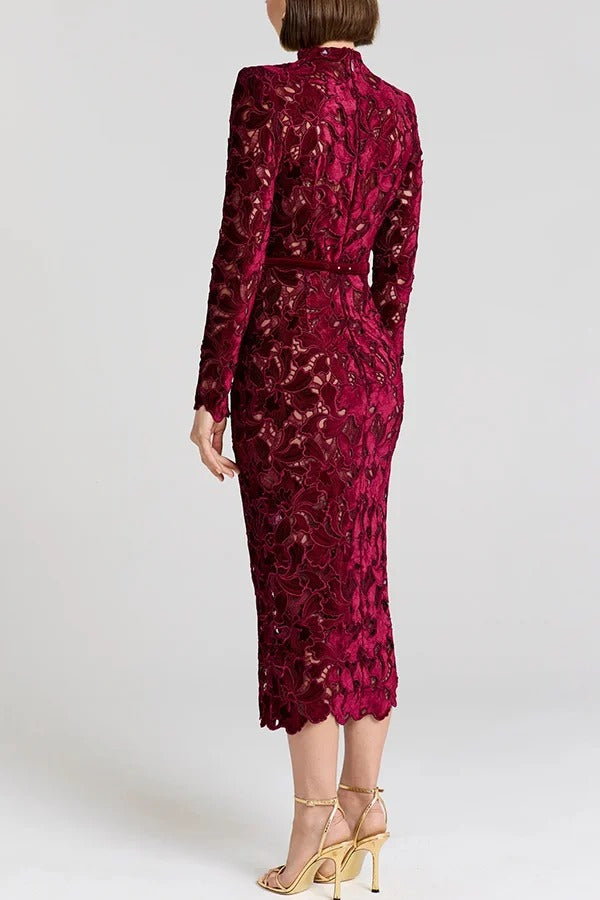Diane Velvet Embroidered Floral Lace Long Sleeve Belt Scallop Edge Midi Dress