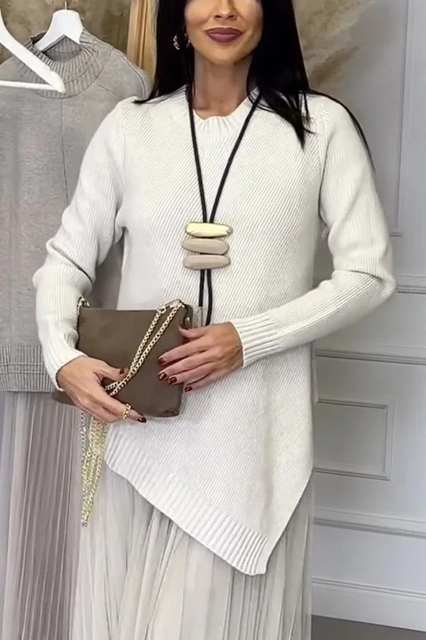 Jensine Ribbed Knit Long Sleeve Irregular Hem Loose Sweater