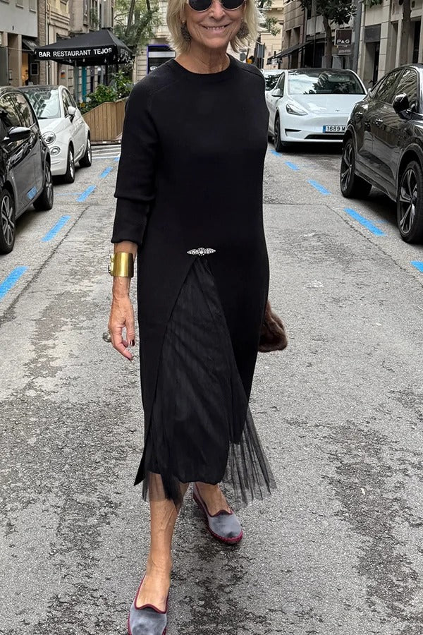 Jollie Knit Long Sleeve Front Slit Midi Sweater and Pleated Tulle Stretch Tank Midi Dress Two-piece Set