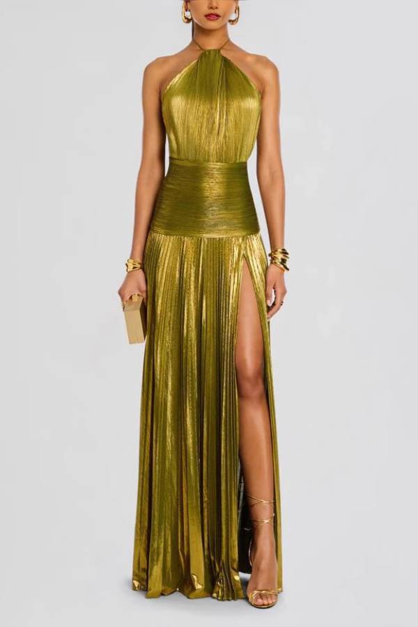 Shiny halter neck high slit long dress