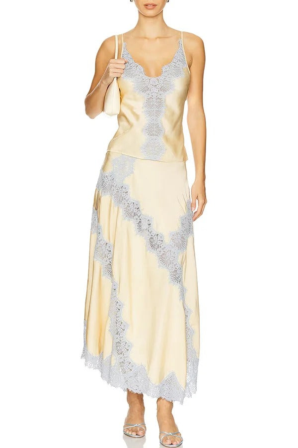 Wine Tasting Contrast Color Satin Lace Trim Irregular Hem Drape Midi Skirt