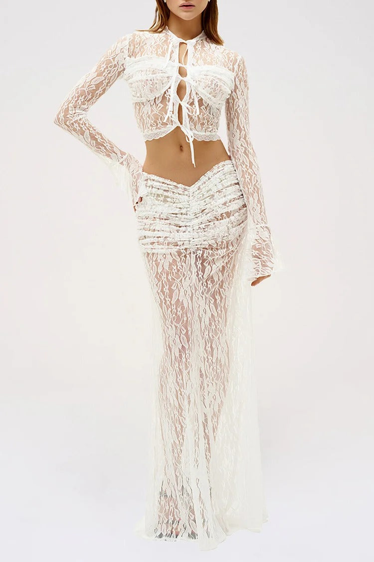 Long Sleeve Tie Up Crop Top Jacquard Lace Maxi Skirt Set