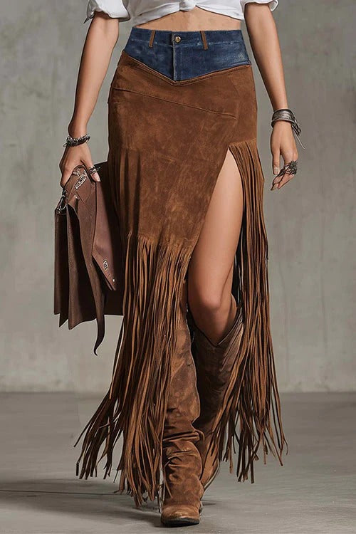 High Rise Denim Splice Faux Suede Slit Fringe Maxi Skirt
