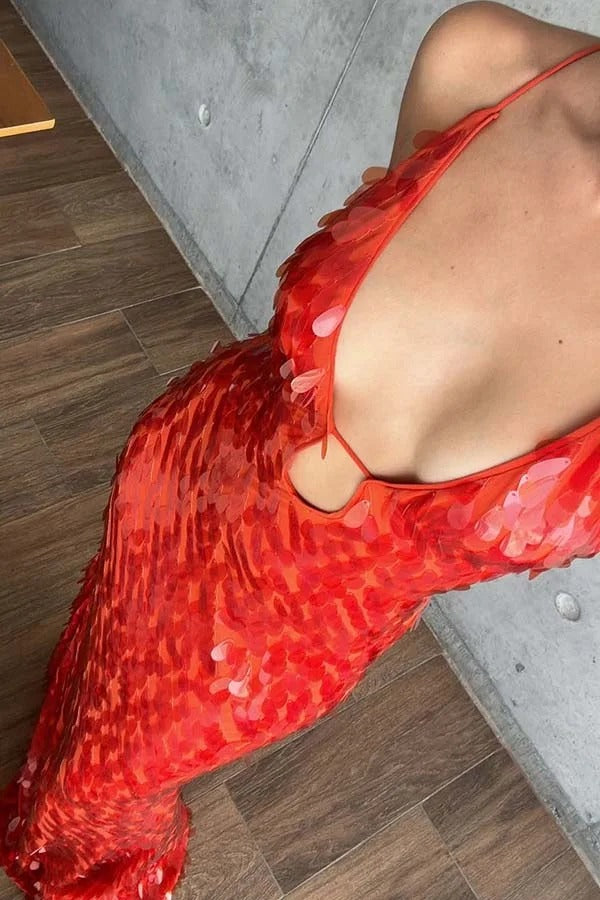 Reshape Beauty Fish Scale Sequin Cutout U-neck Slip Maxi Dress