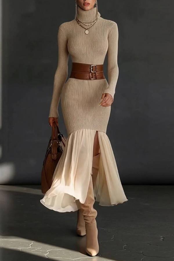 Elegant Asymmetrical Ruffled Knit Midi Dress