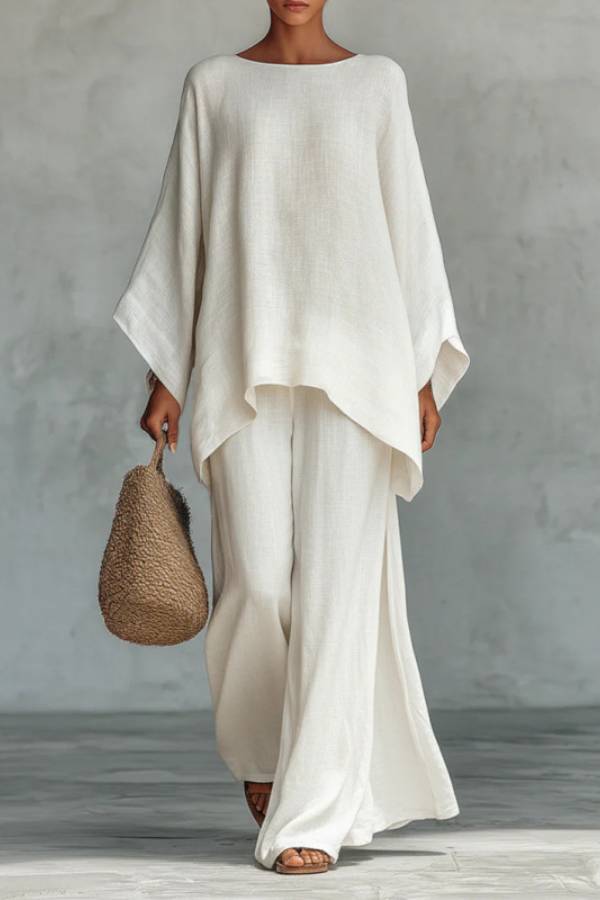Linen-Style Oversized Top + Slit Wide-Leg Pants Set