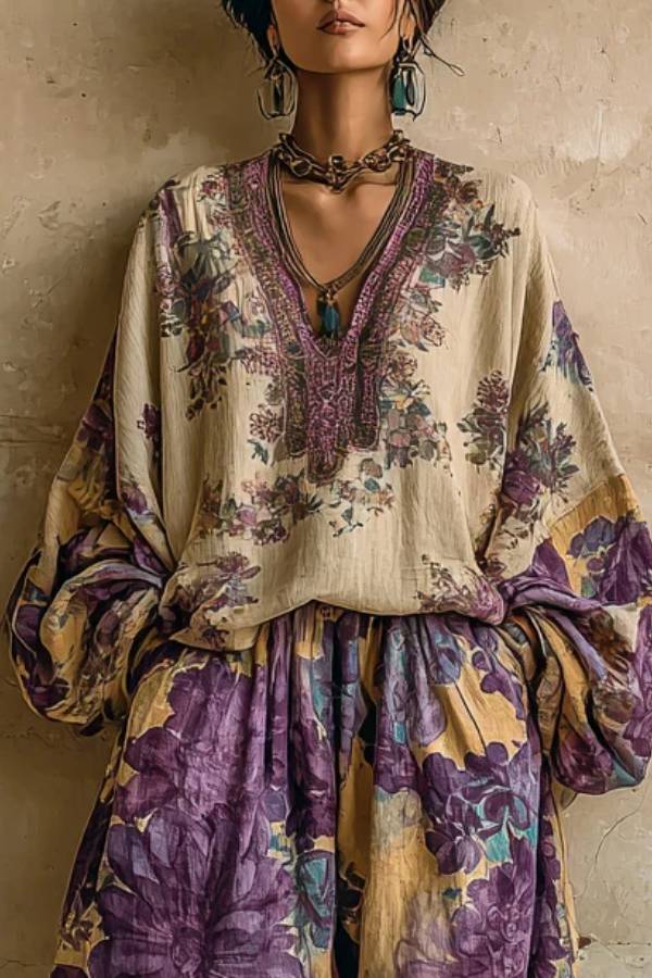 Bohemian Floral Print Loose V-neck Top And Wide-leg Pants Set