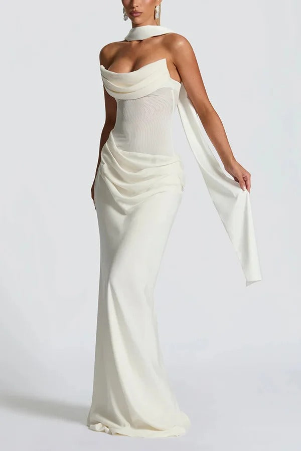 Liora Ruched Cowl Neck Sheer Mesh Waist Off Shoulder Scarf Maxi Dress