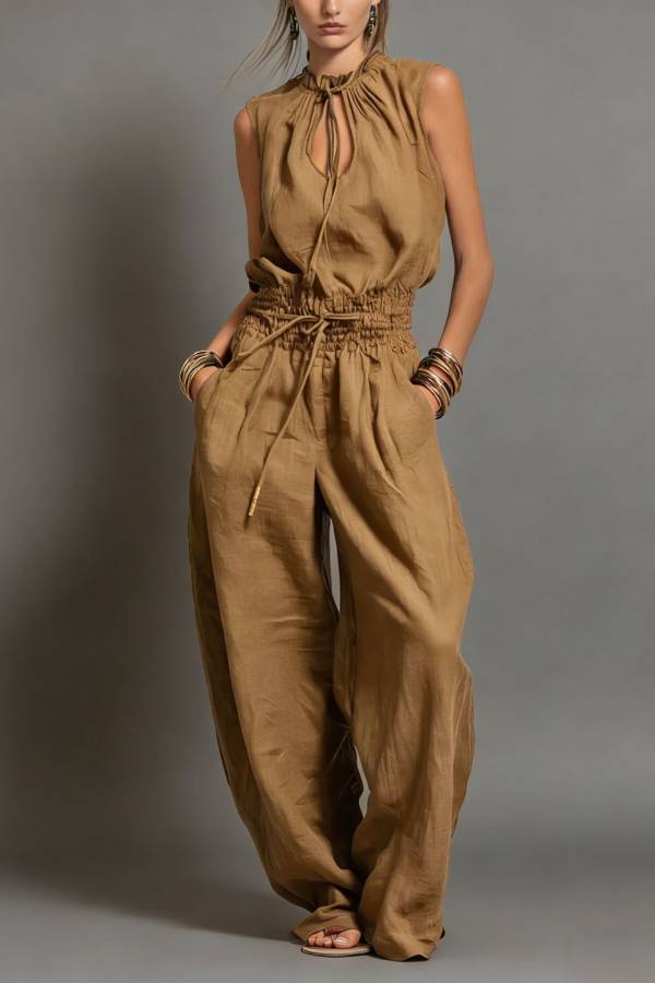 Ruffle Neck Drawstring Sleeveless Wide-Leg Jumpsuit