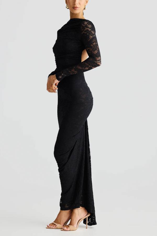 Lace pleated open back slim long dress