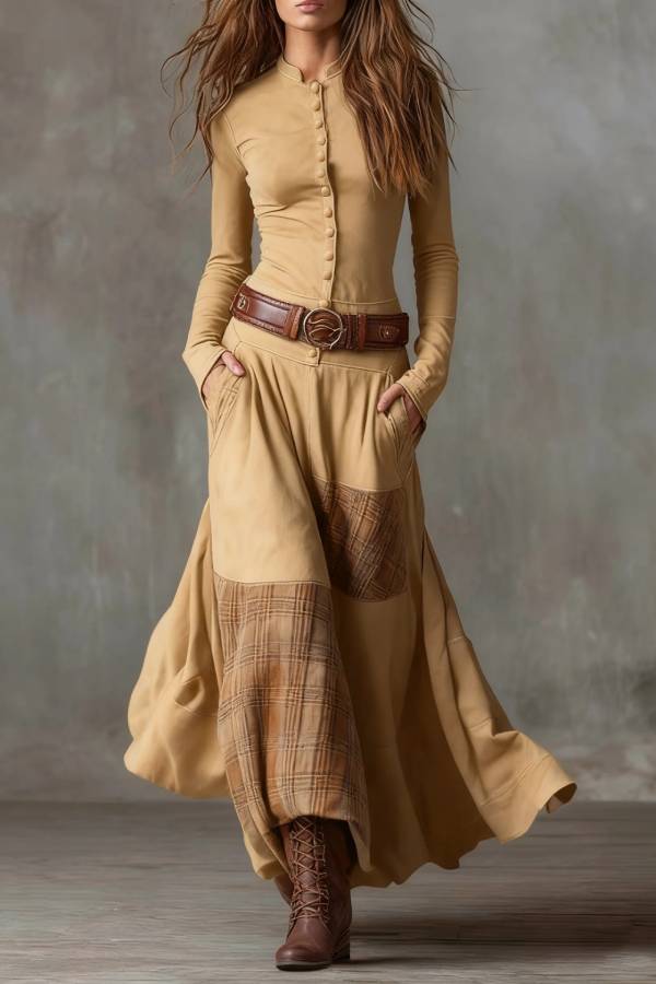 Patchwork Plaid Maxi Skirt