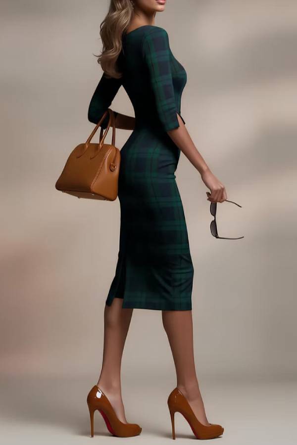 Classic checked midi dress with three-quarter sleeves