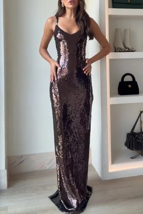 Dazzling Like Flowing Water Sequin V-neck Back Zipper Slit Maxi Dress