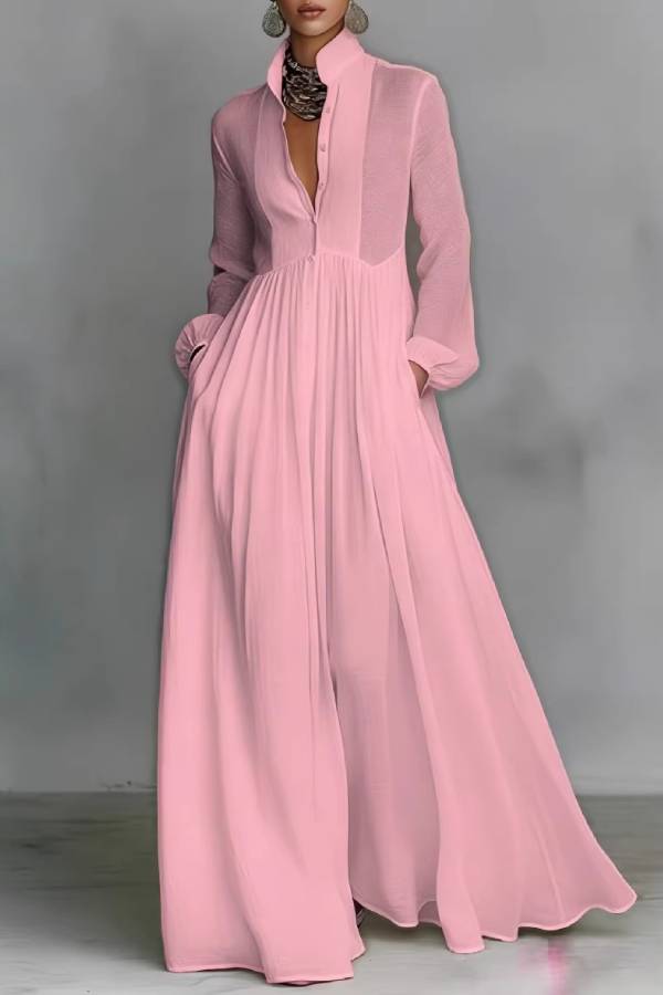 Stand Collar Sheer Pleated Long Sleeve Maxi Dress