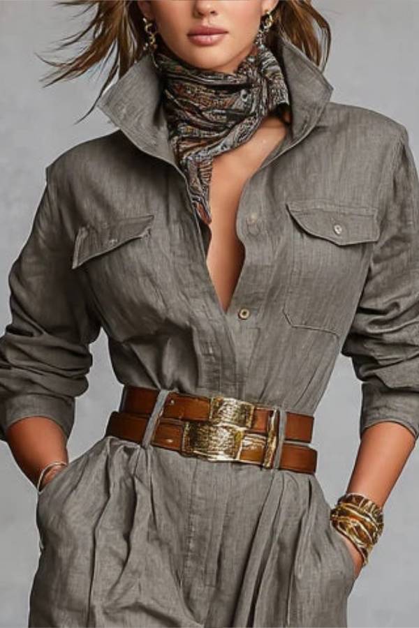 Cotton And Linen Blended Long Sleeve Shirt Jumpsuit