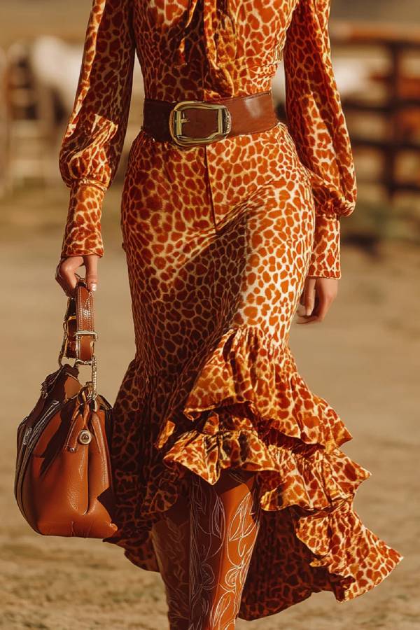 Retro Ruffled Orange Leopard Velvet Maxi Dress