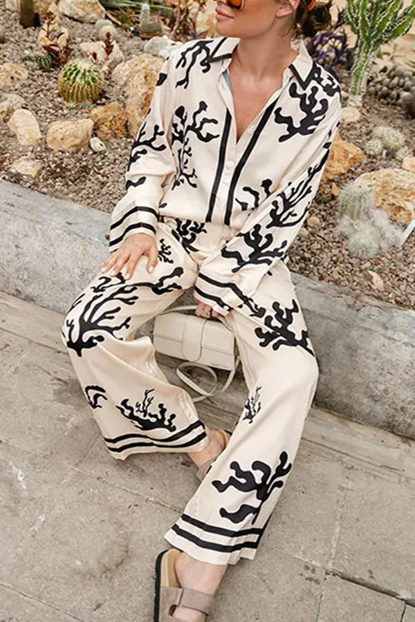 From Desk To Dinner Satin Unique Print Button Down Oversized Blouse