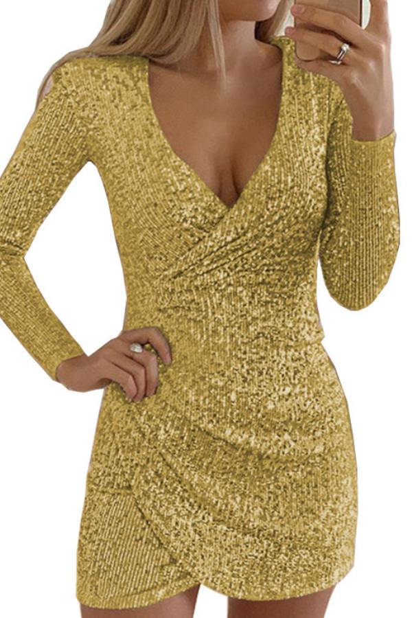 Deep V Neck Sequin Long Sleeve Fitted Party Dress