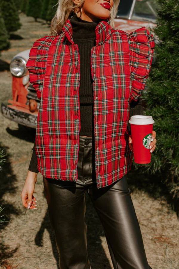 Red Plaid Ruffle Puff Sleeve Down Vest