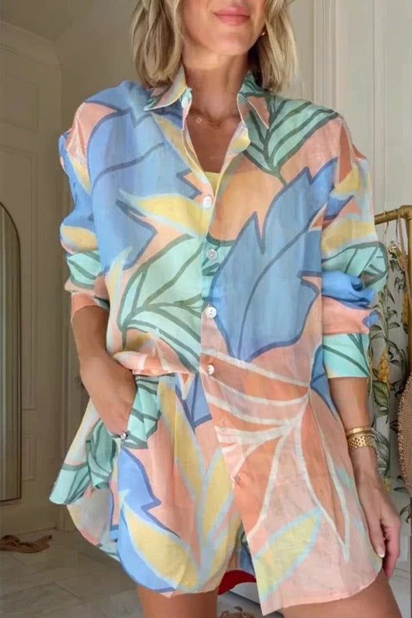 Bella Linen Blend Colorful Unique Print Long Sleeve Blouse and Elastic Waist Pocket Loose Shorts Set