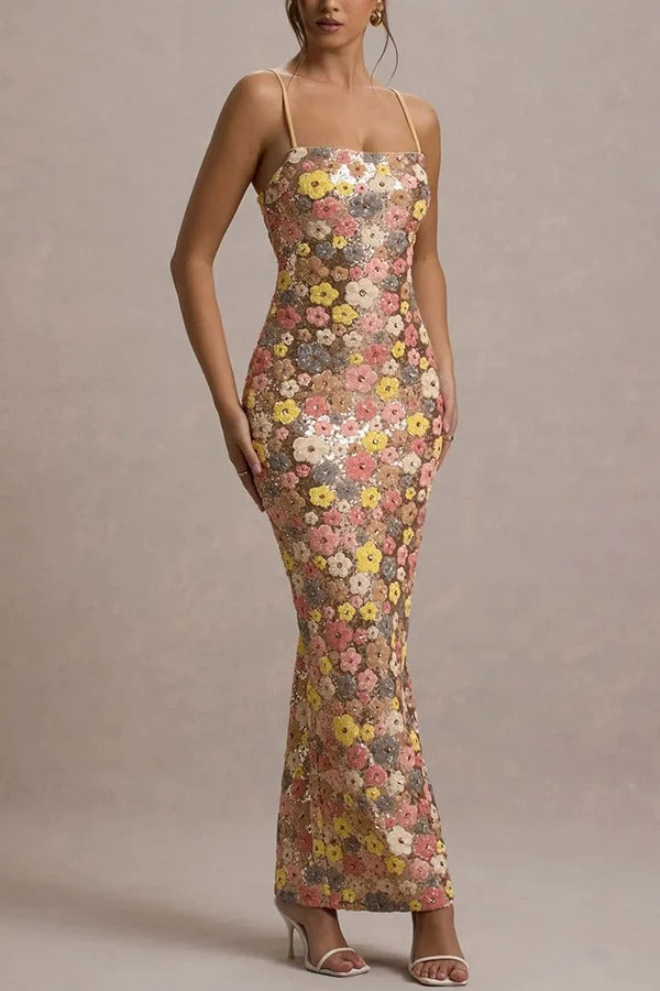 80's Inspired Floral Print Sequin Square Neck Slip Stretch Maxi Dress