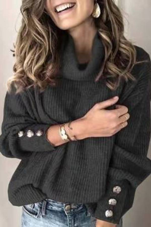 High-neck button-decorated loose knit sweater