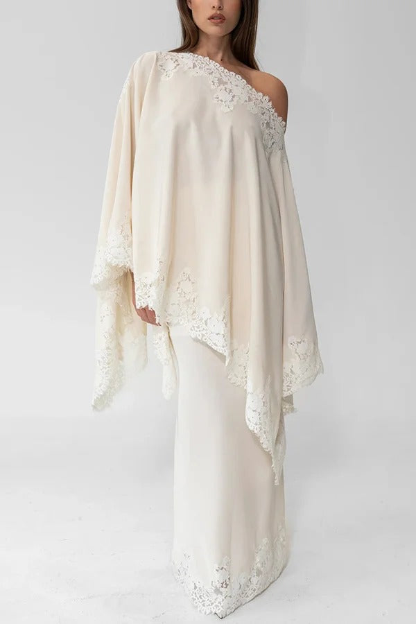 Like A Swan Satin Lace Trim Off Shoulder Wide Sleeve Cape Top