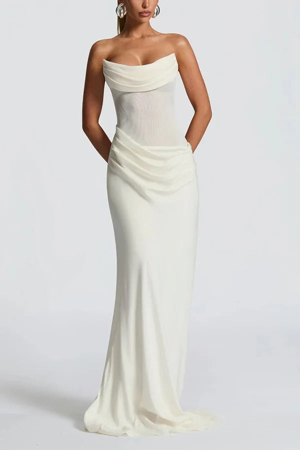 Liora Ruched Cowl Neck Sheer Mesh Waist Off Shoulder Scarf Maxi Dress